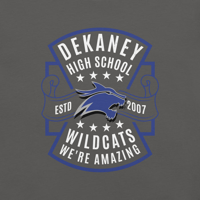 Close-up view of Dekaney High School Wildcats Asphalt Grey Premium Unisex T-shirt 207