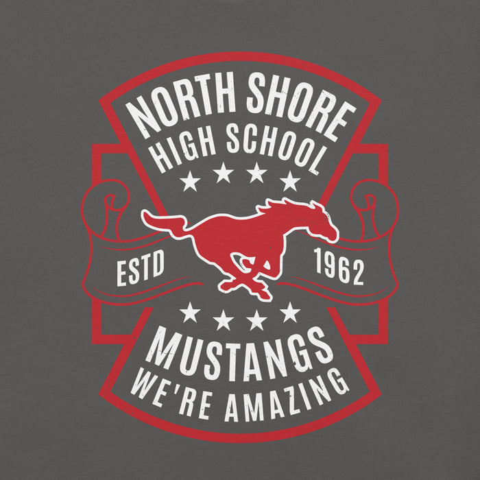 Close-up view of North Shore High School Mustangs Dark Grey Premium Unisex T-shirt 207
