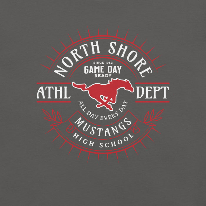 Close-up view of North Shore High School Mustangs Dark Grey Premium Unisex T-shirt 201
