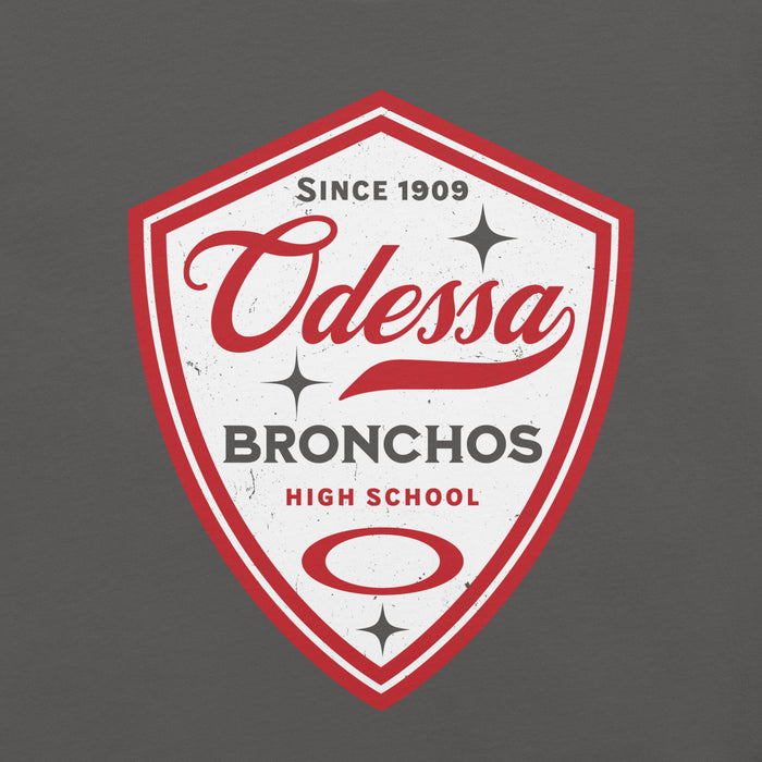 Close-up view of Odessa High School Bronchos Dark Grey Premium Unisex T-shirt 225