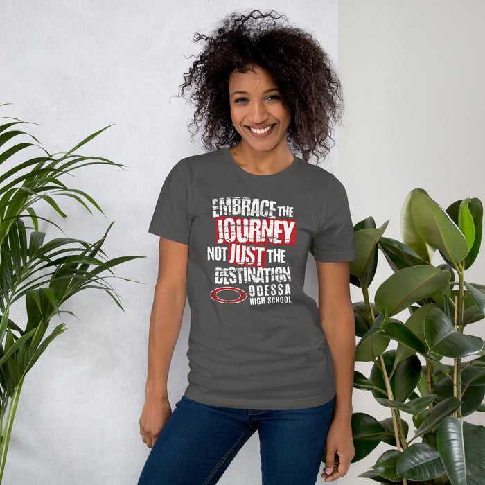 Woman wearing Odessa High School Bronchos Dark Grey Premium Unisex T-shirt 232