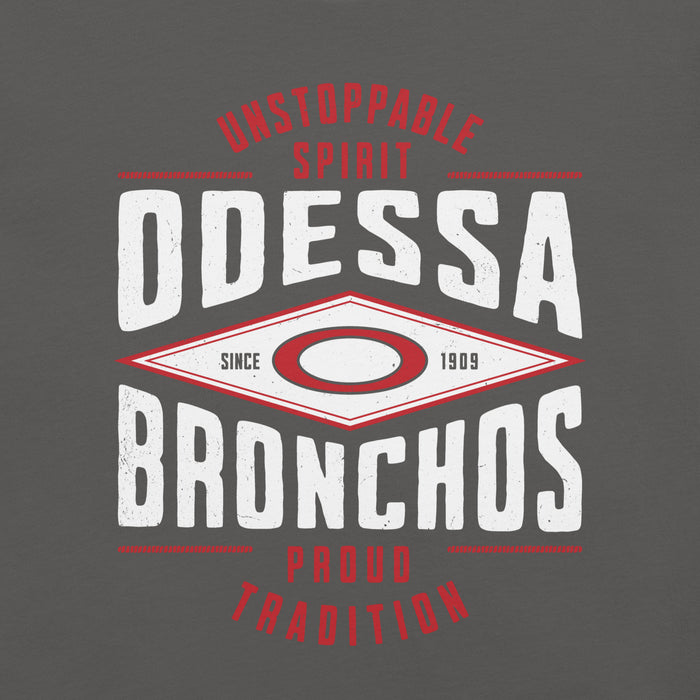 Close-up view of Odessa High School Bronchos Dark Grey Premium Unisex T-shirt 210