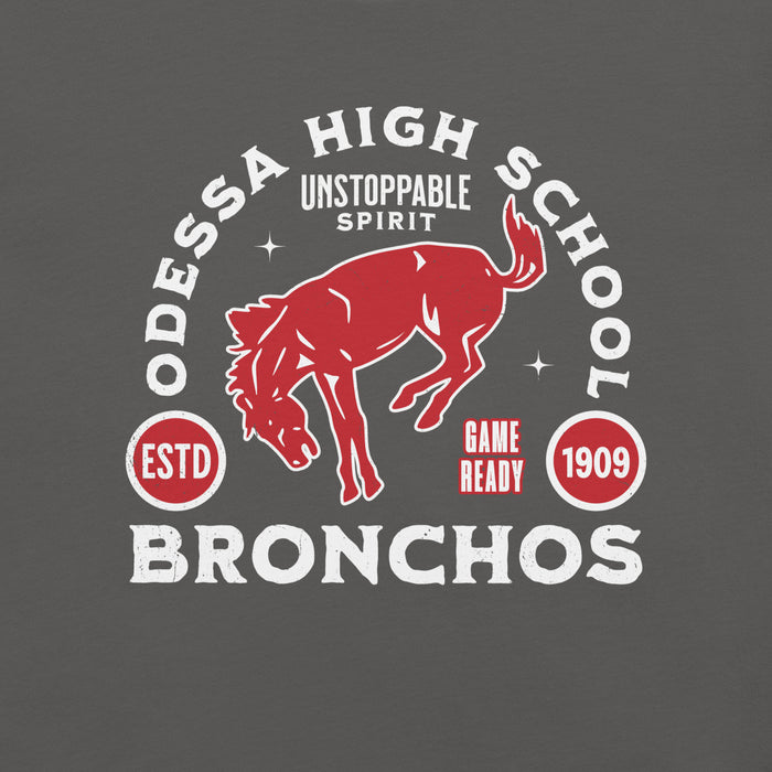 Close-up view of Odessa High School Bronchos Dark Grey Premium Unisex T-shirt 208