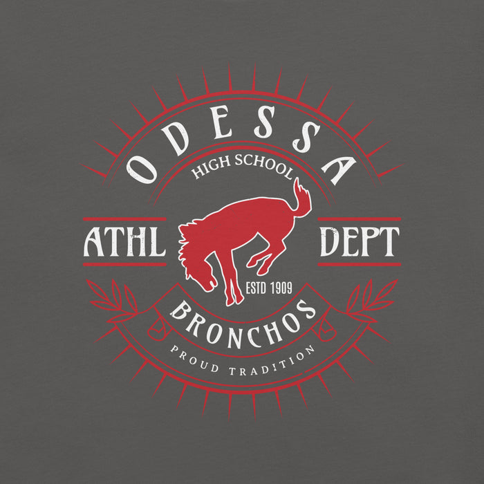 Close-up view of Odessa High School Bronchos Dark Grey Premium Unisex T-shirt 201