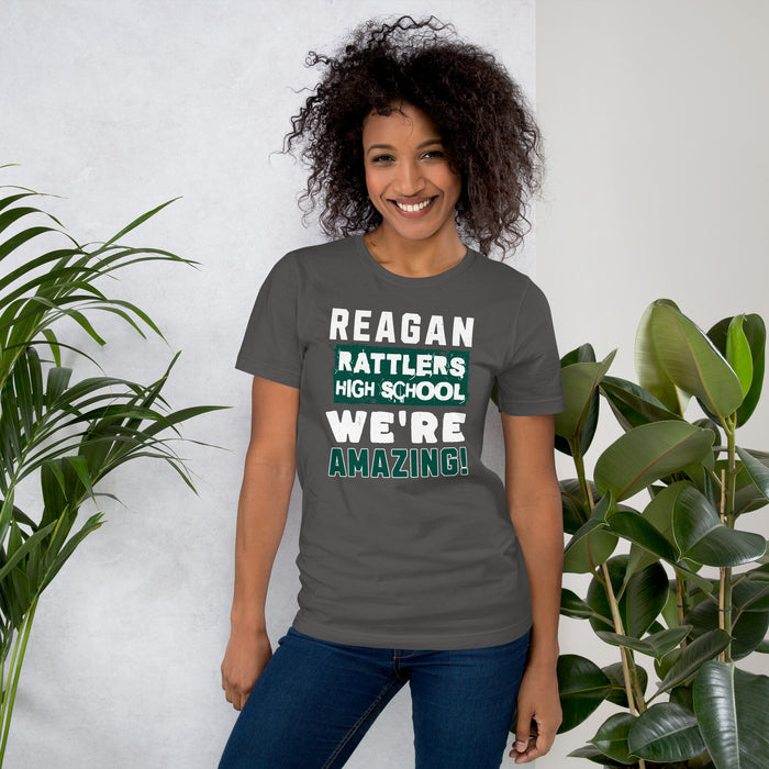 Woman wearing Reagan High School Rattlers Dark Grey Premium Unisex T-shirt 231
