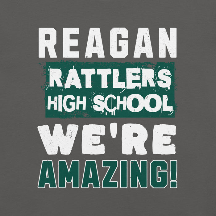 Text on a dark background reading 'REAGAN RATTLERS HIGH SCHOOL WE'RE AMAZING!' in white and green. - premium t-shirt design 231