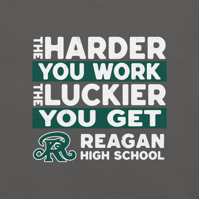 Motivational quote with Reagan High School logo on a dark background - The Harder you work the luckier you get - premium t-shirt design 238