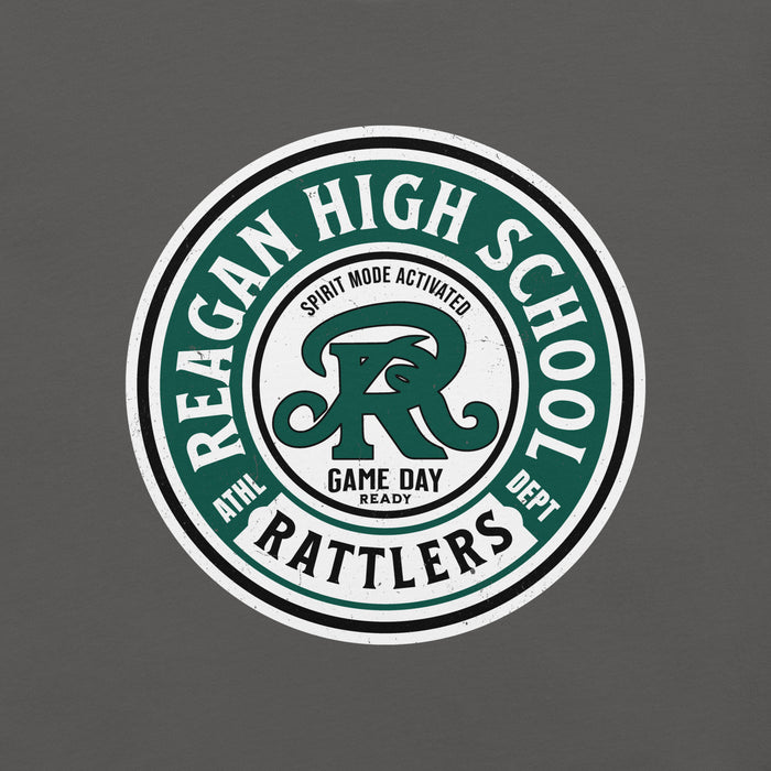 Circular logo with 'Reagan High School Rattlers' text on a dark background - premium t-shirt design 220