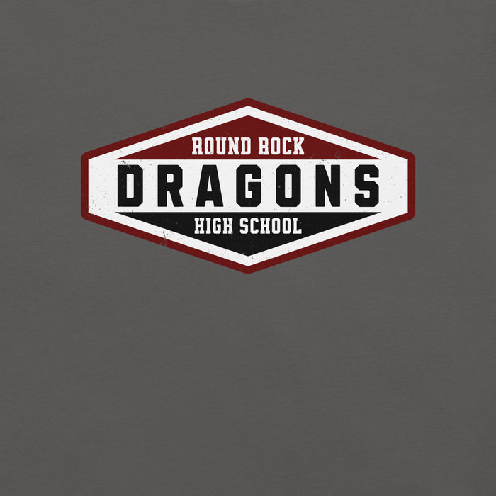 Close-up view of Round Rock High School Dragons Dark Grey Premium Unisex T-shirt 009