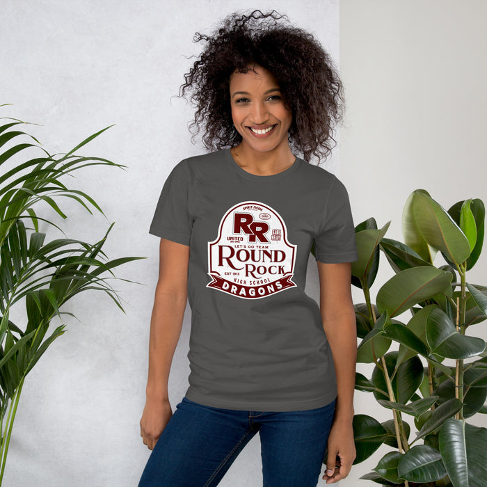 Woman wearing Round Rock High School Dragons Dark Grey Premium Unisex T-shirt 219