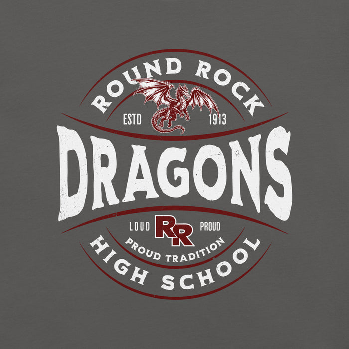 Close-up view of Round Rock High School Dragons Dark Grey Premium Unisex T-shirt 218