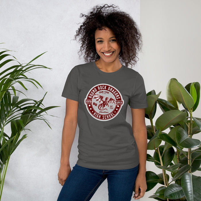 Woman wearing Round Rock High School Dragons Dark Grey Premium Unisex T-shirt 224