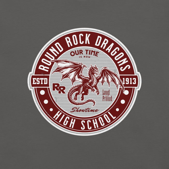 Close-up view of Round Rock High School Dragons Dark Grey Premium Unisex T-shirt 224