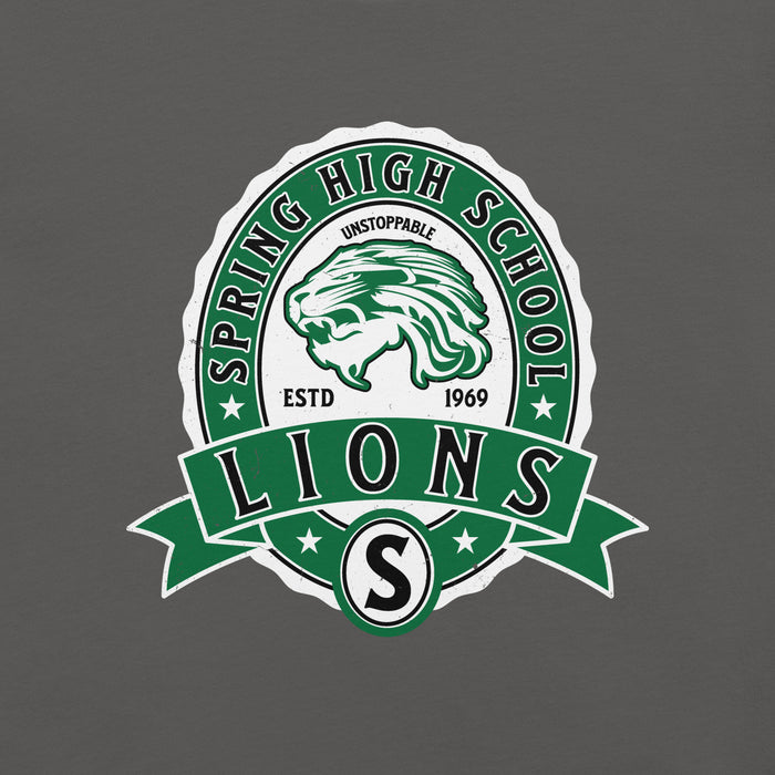 Close-up view of Spring High School Lions Dark Grey Premium Unisex T-shirt 212