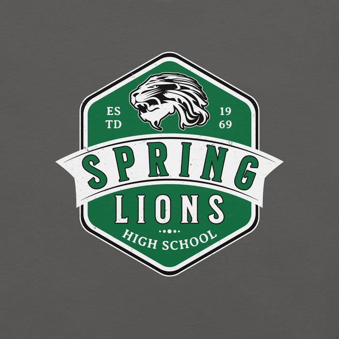 Close-up view of Spring High School Lions Dark Grey Premium Unisex T-shirt 209