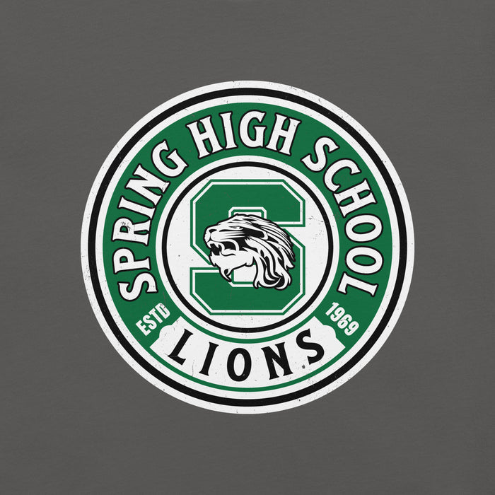 Close-up view of Spring High School Lions Dark Grey Premium Unisex T-shirt 220
