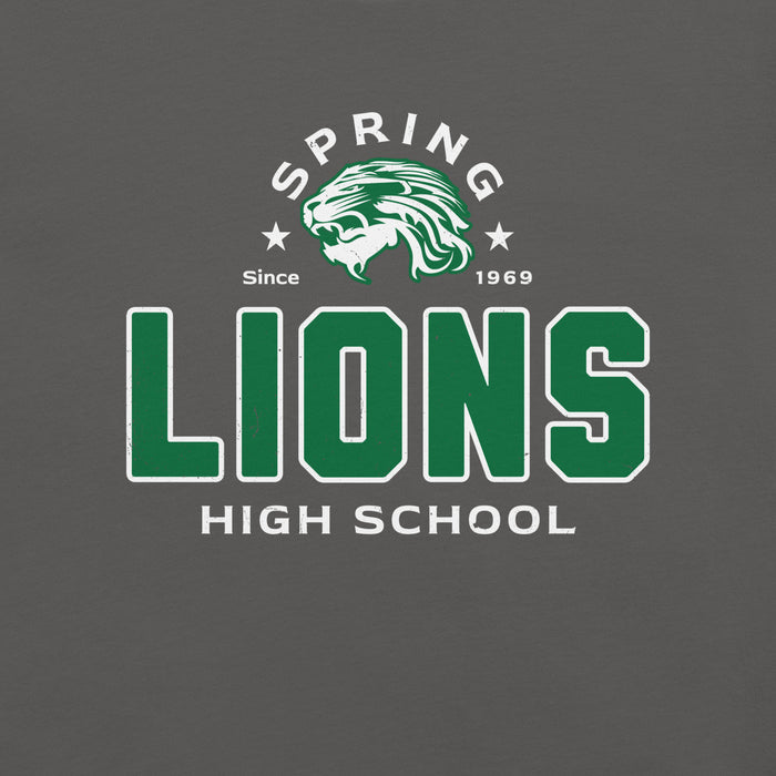 Close-up view of Spring High School Lions Dark Grey Premium Unisex T-shirt 222