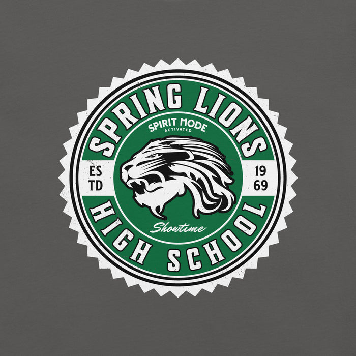 Close-up view of Spring High School Lions Dark Grey Premium Unisex T-shirt 203