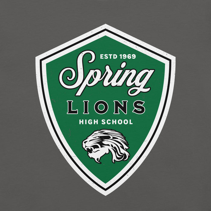 Close-up view of Spring High School Lions Dark Grey Premium Unisex T-shirt 225