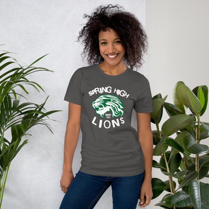 Woman wearing Spring High School Lions Dark Grey Premium Unisex T-shirt 228