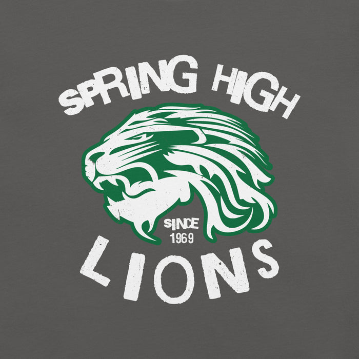 Close-up view of Spring High School Lions Dark Grey Premium Unisex T-shirt 228