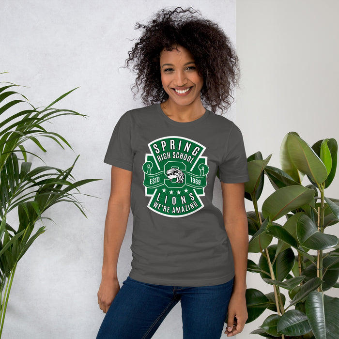 Woman wearing Spring High School Lions Dark Grey Premium Unisex T-shirt 207