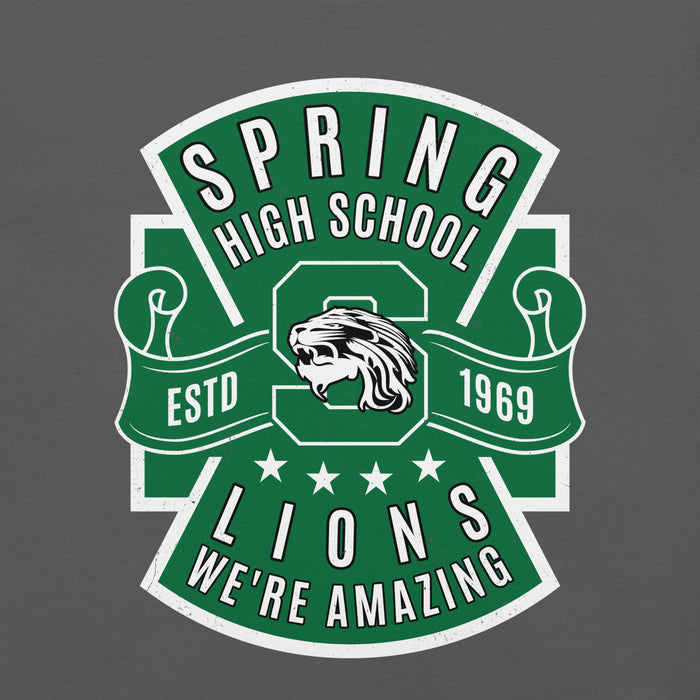 Close-up view of Spring High School Lions Dark Grey Premium Unisex T-shirt 207