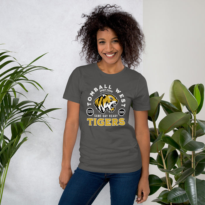 Woman wearing Tomball West High School Tigers Dark Grey Premium Unisex T-shirt 208