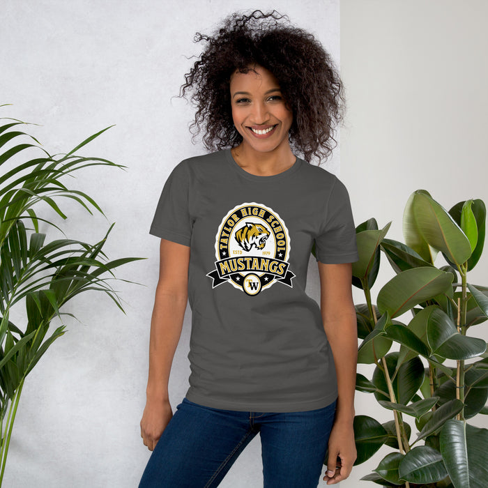 Woman wearing Tomball West High School Tigers Dark Grey Premium Unisex T-shirt 212