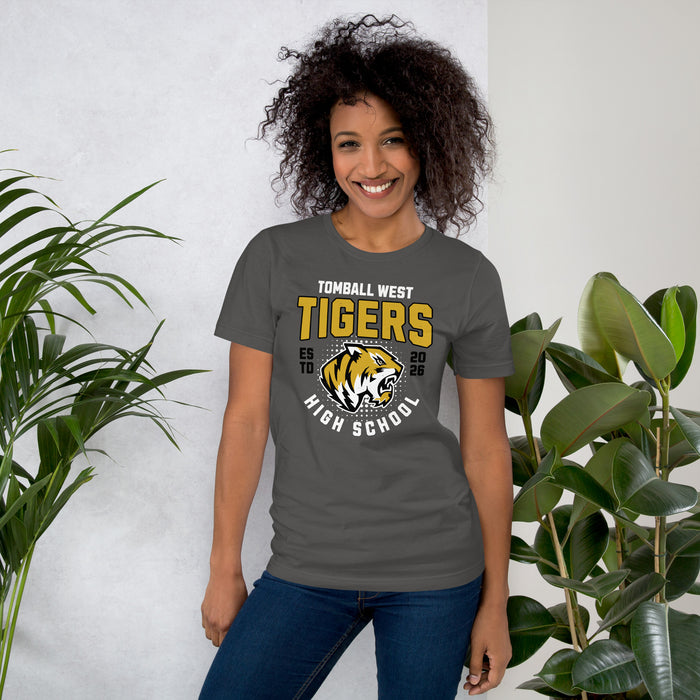 Woman wearing Tomball West High School Tigers Dark Grey Premium Unisex T-shirt 204