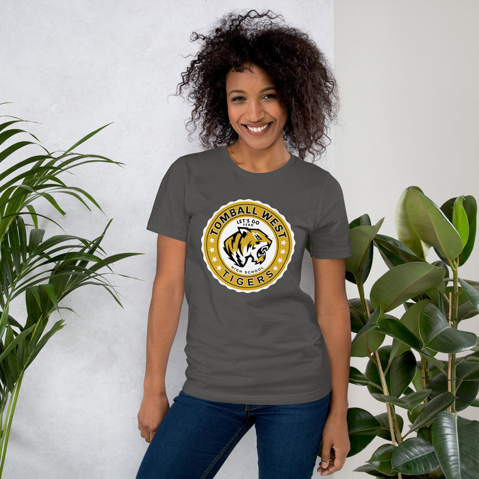 Woman wearing Tomball West High School Tigers Dark Grey Premium Unisex T-shirt 216