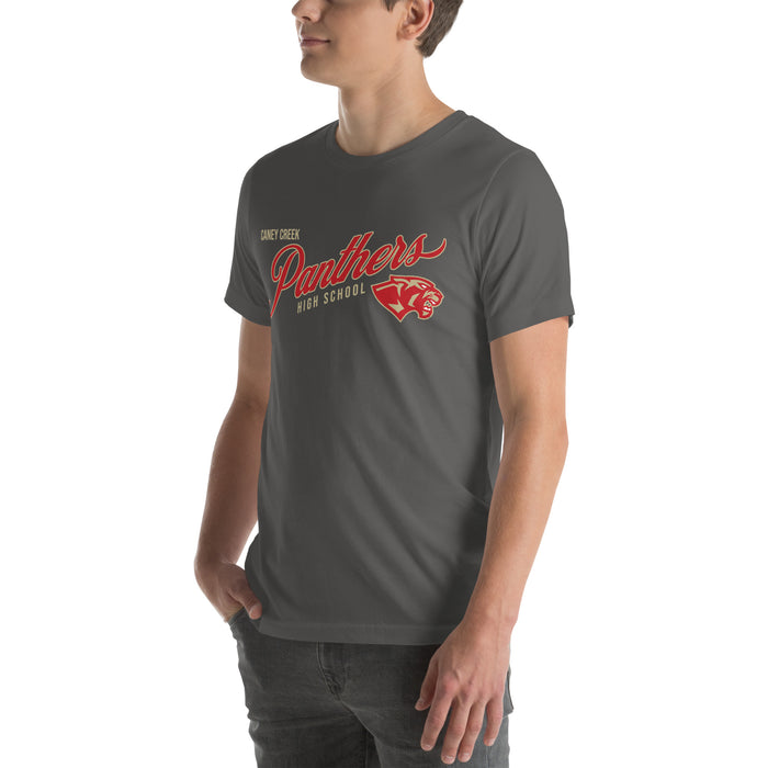 Man wearing Caney Creek High School Panthers Dark Grey Premium Unisex T-shirt 202