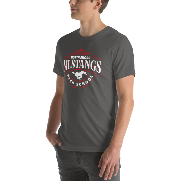 Man wearing North Shore High School Mustangs Dark Grey Premium Unisex T-shirt 211