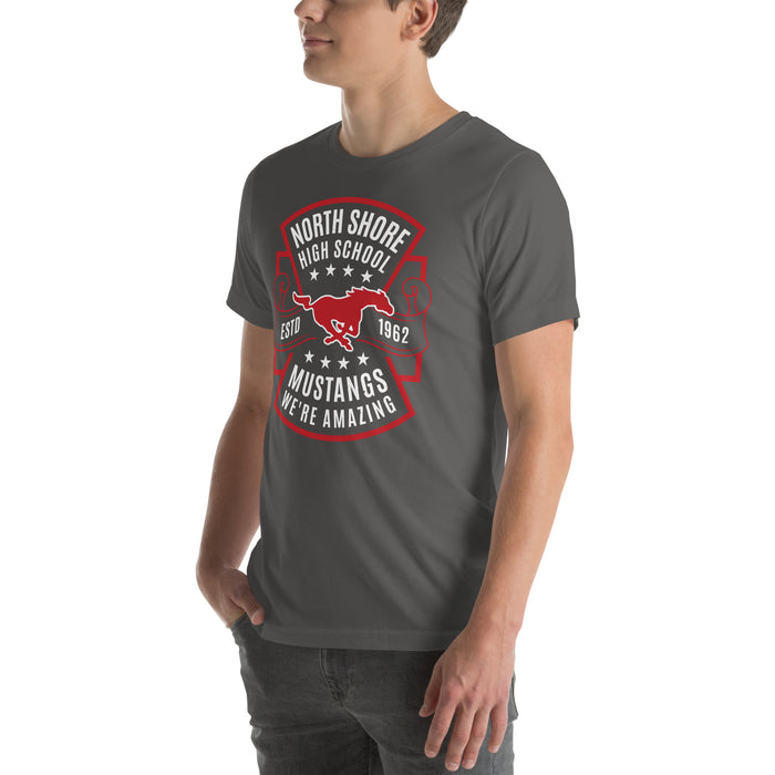 Man wearing North Shore High School Mustangs Dark Grey Premium Unisex T-shirt 207