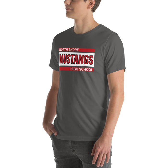 Man wearing North Shore High School Mustangs Dark Grey Premium Unisex T-shirt 098