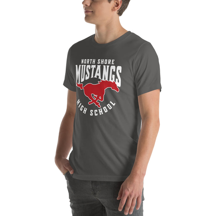 Man wearing North Shore High School Mustangs Dark Grey Premium Unisex T-shirt 213
