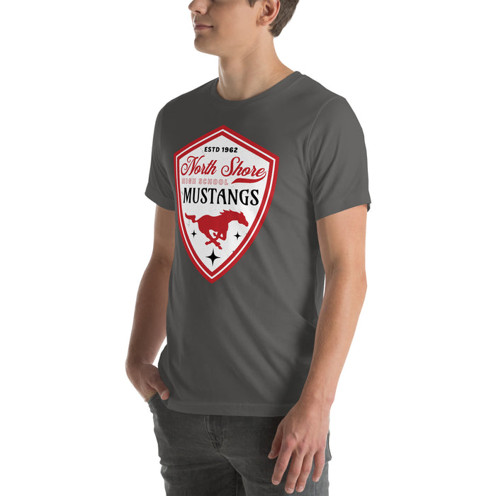 Man wearing North Shore High School Mustangs Dark Grey Premium Unisex T-shirt 225