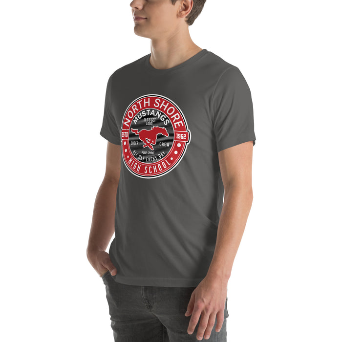 Man wearing North Shore High School Mustangs Dark Grey Premium Unisex T-shirt 224