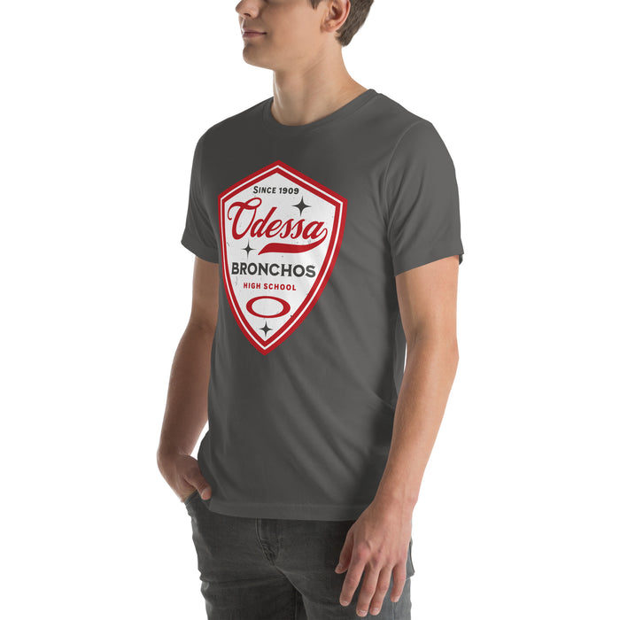 Man wearing Odessa High School Bronchos Dark Grey Premium Unisex T-shirt 225