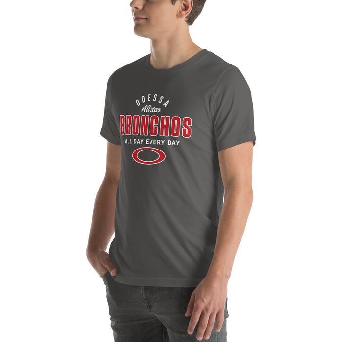Man wearing Odessa High School Bronchos Dark Grey Premium Unisex T-shirt 040