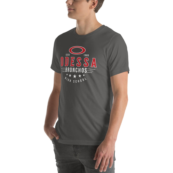 Man wearing Odessa High School Bronchos Dark Grey Premium Unisex T-shirt 217