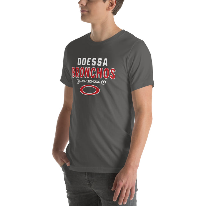 Man wearing Odessa High School Bronchos Dark Grey Premium Unisex T-shirt 003