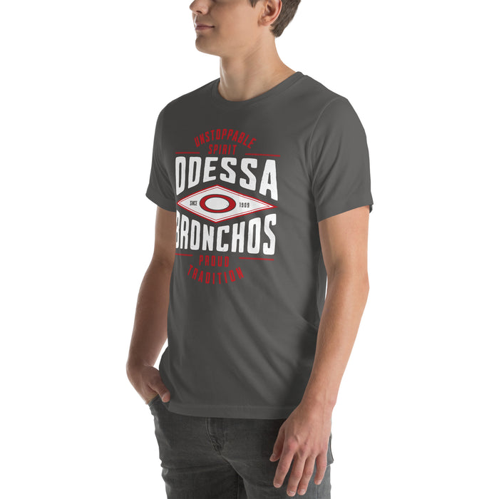 Man wearing Odessa High School Bronchos Dark Grey Premium Unisex T-shirt 210