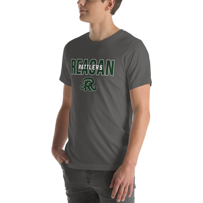 Man wearing Reagan High School Rattlers Dark Grey Premium Unisex T-shirt 226