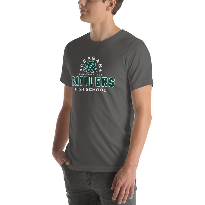 Man wearing Reagan High School Rattlers Dark Grey Premium Unisex T-shirt 222