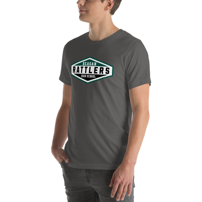 Man wearing Reagan High School Rattlers Dark Grey Premium Unisex T-shirt 009