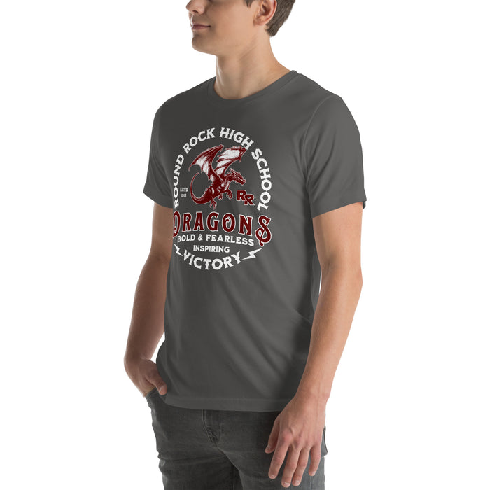 Man wearing Round Rock High School Dragons Dark Grey Premium Unisex T-shirt 206