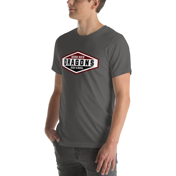 Man wearing Round Rock High School Dragons Dark Grey Premium Unisex T-shirt 009