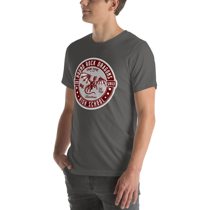 Man wearing Round Rock High School Dragons Dark Grey Premium Unisex T-shirt 224