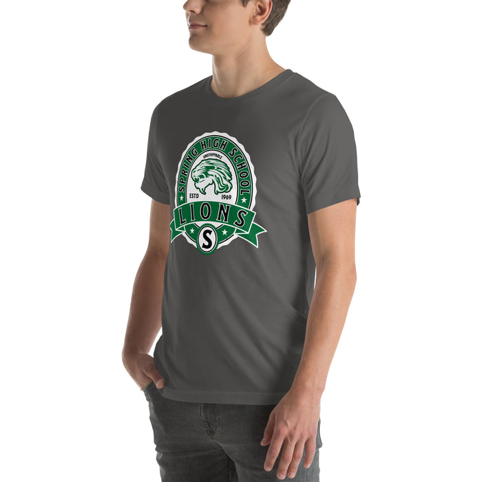 Man wearing Spring High School Lions Dark Grey Premium Unisex T-shirt 212